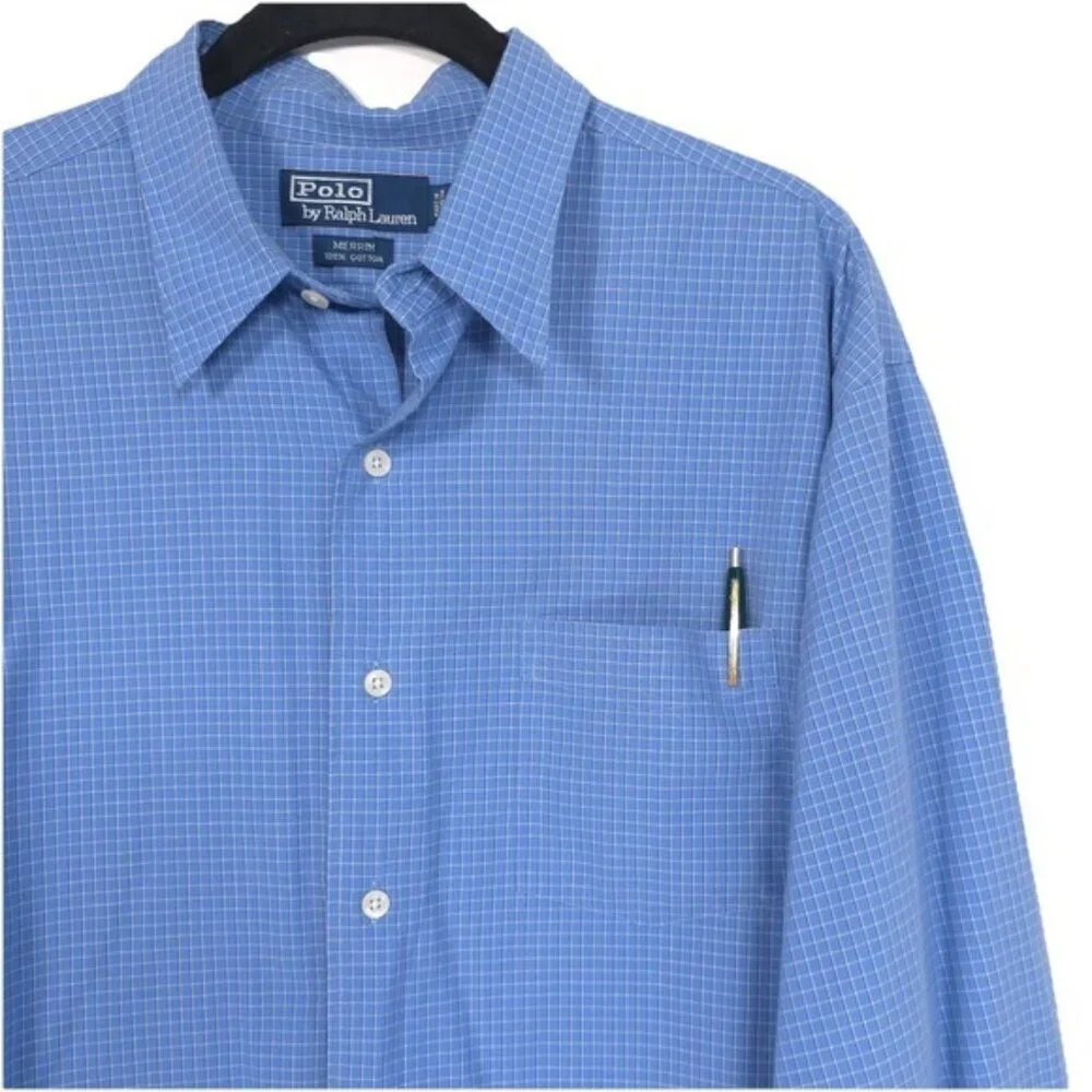 POLO RALPH LAUREN MERRIN Men's‎ Shirt LARGE Cotton Blue Plaid Long Sleeve